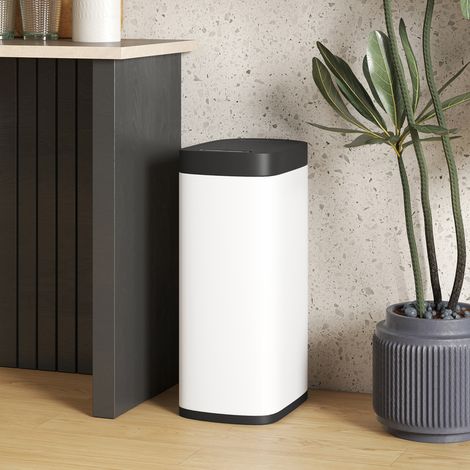 Cubo de basura automático para cocina de 50 litros, con sensor de movimiento, funciona con pilas, 26,5 x 35,5 x 68 cm, color crema.