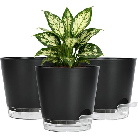 Lot de 3 pots de fleurs à arrosage automatique 15cm noir avec soucoupe et noyau absorbant (1/5)