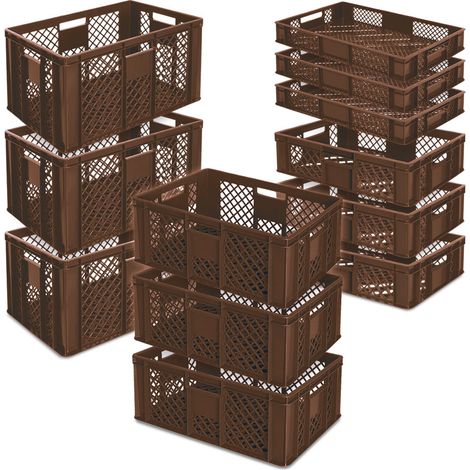 BRB 12x Stapelkorb/Bäckerkisten in 4 Größen, Grundmaß LxB 600x400 mm, H 90 mm, 150 mm, 240 mm, 320 mm, Farbe braun