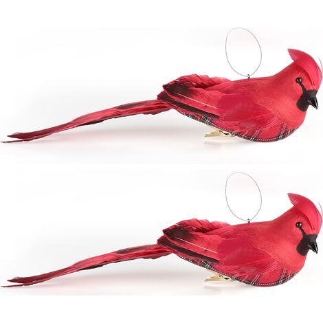 Lot de 2 Oiseaux Cardinals Artificiels Rouges à Pince Métallique pour Décoration de Noël Couronne Guirlande Plumes Réalistes Longue Queue 36x11cm (1/5)