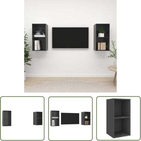 The Living Store TV-Wandschränke 2 Stk. Hochglanz-Grau Holzwerkstoff - TV Schrank - Wandschrank - Regal - Fernsehregal - Grau (1/5)