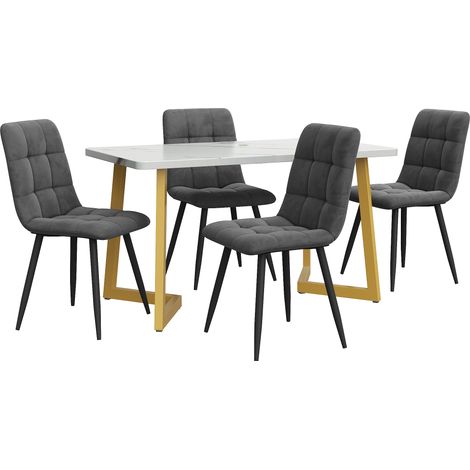 Table de salle à manger rectangulaire 117 cm avec 4 fauteuils, design contemporain, assises en velours anthracite, piètement laiton doré, ensemble complet pour cuisine ou séjour. (1/5)
