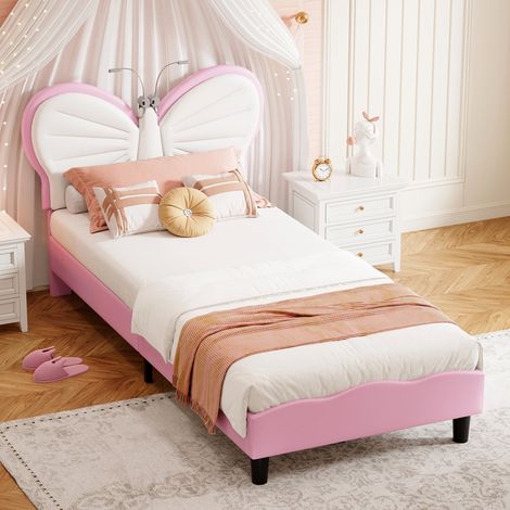 Kinderbett 90x200 cm, gepolstert - Kopfteil mit Schmetterlingsmotiv, 2 LED-Leselampen & Lattenrost - Samt, Rosa