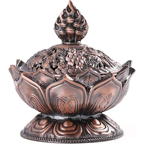 Petit brûleur d'encens en alliage de zinc, style antique chinois/asiatique, en forme de lotus. Pot brûleur d'encens décoratif pour la maison. Porte-encens vintage en forme de lotus. (1/5)