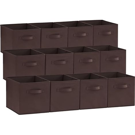 Lot de 12 Cubes de Rangement, Boite Rangement Tissu, Caisse Rangement Pliable, Panier de Rangement Décoratifs, Bac de Rangement Placard Vetement avec Poignées, 26,5 x 26,5 x 28 cm, Marron
