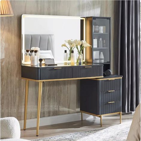 Coiffeuse miroir led Moderne avec Prise & Socket, Bureau de Vanité de Maquillage avec 5 Tiroirs & Étagères de Rangement, Coiffeuse bois Ampli - Panneau de Particules Noir (1/5)