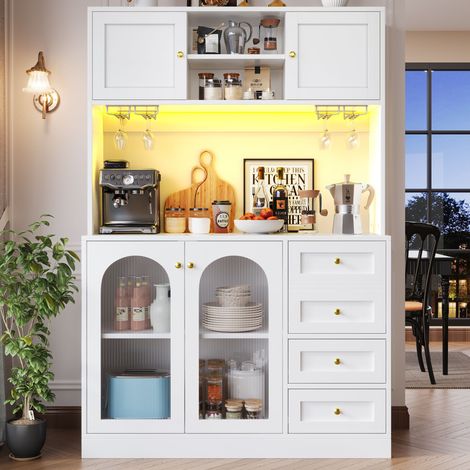 Buffet de rangement - Buffet haut -120x40x188 cm avec 4 portes, tiroirs et LED contrôlée par appli, MDF , poignées métal doré -blanc (1/5)