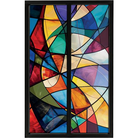 Verrière atelier intérieure aluminium noir 2 vitrages 69 x 117 cm - Décor géométrique - Virtuoso - multicolore et transparent - Verre trempé (1/5)