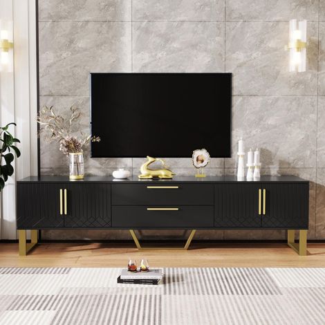 Meuble TV laqué brillant : base, poignées et pieds dorés, porte à texture gravée, solution de rangement idéale pour le salon, alliant à la perfection élégance, luxe et fonctionnalité.