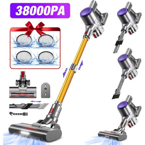 Aspirateur Balai Sans Fil 38000Pa 500W – Autonomie 55 min, 2 Niveaux d’Aspiration, Bac 1,3 L pour Tapis & Sols Durs, Gronfont, Or (1/5)