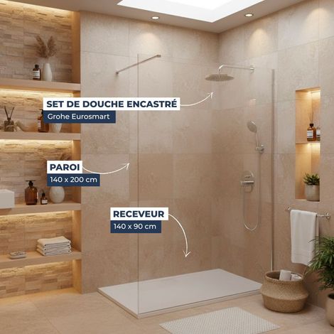 Dusch-Komplettset – Walk-In Duschwand 140x200 Chrom + Grohe Eurosmart 2 Strahlarten + Gussmarmor-Duschwanne Weiß 140x90 (1/5)