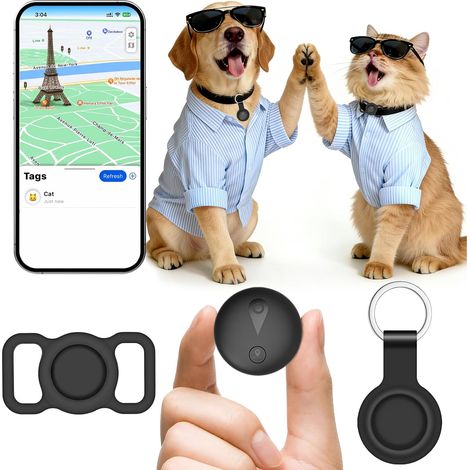 Collier GPS Chat, GPS Chien avec Suivi de Localisation en Temps Réel, Mini Traceur Chat, Traceur Chien sans Abonnement, Compatible iOS/Android, Longue Autonomie, Peut être Porté avec un Collier, Noir (1/5)