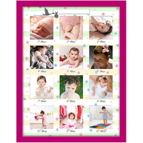 Portafoto da parete Multiplo ESSENTIAL BABY PINK FUCSIA 30x40 cm Newborn, Cornice per collage di 12 foto mensili per primo anno neonato (1/4)