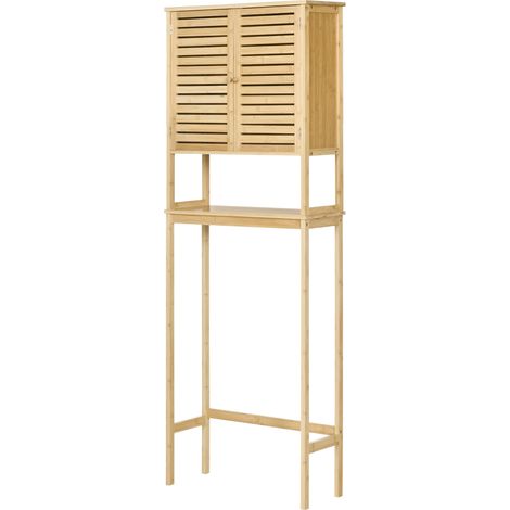 kleankin Étagère de toilettes meuble de salle de bain dessus toilette WC avec placard 2 portes et étagère ouverte 60 x 23 x 173 cm bambou