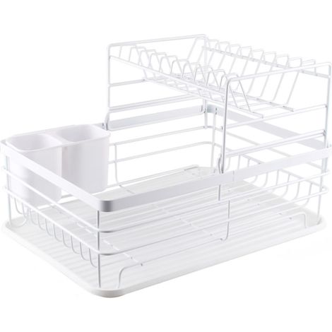Étagère de Vaisselle en Fer Double Étage pour Cuisine Blanche, Rangement Assiettes et Bols