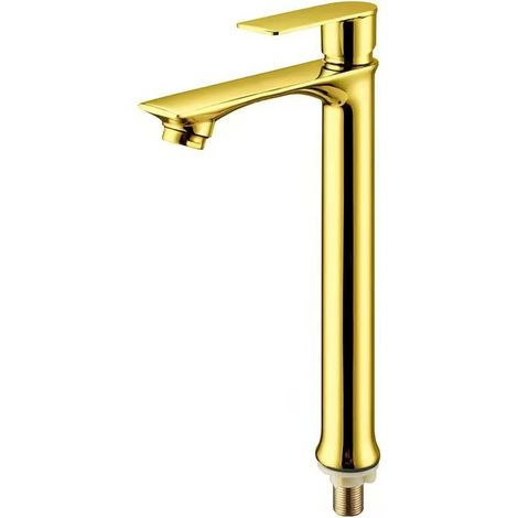 Washbasin faucet, single hole, bathroom sink, single cold water valve, under-counter faucet - long, flat, gold-colored, tall model.