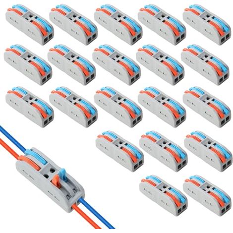20 Pièces Bornes de Connexion Rapide Spl-2, Connecteurs 2 Entrées Sorties Avec Levier, électriques Réutilisables Pour Câbles 0,08–4 Mm², Raccordement Sans Outil Maison, Voiture, LED - (1/5)