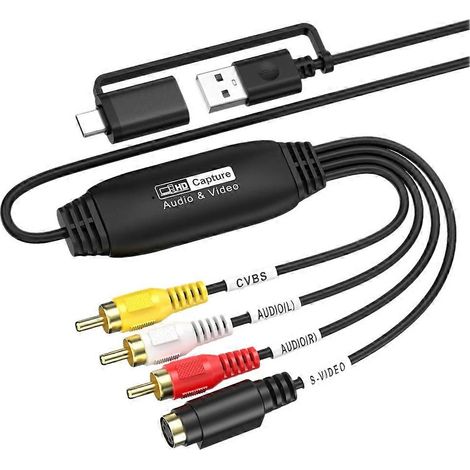 Adaptateur de carte d'acquisition vidéo et audio RCA AV vers USB-C S-Vidéo + AV pour caméscope DVD et lecteur VHS (mâle) (1/5)