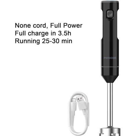 Mixeur plongeant sans fil, à immersion portatif rechargeable, avec câble de type C, fouet à œufs, pour smoothies, milkshakes, aliments pour bébés et soupes – Noir (1/2)