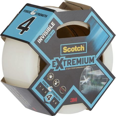 Scotch Extremium INVISIBLE - Nastro Adesivo Extra Forte - 1 Rotolo, 20 m x 48 mm, Trasparente, Resistente all'Acqua e ai Raggi UV, per Riparazioni Discrete su Vetro e Plastica (1/4)