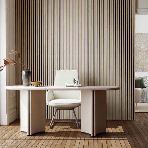 Aica Sanitaire – Lot de 2 panneaux muraux acoustiques en bois MDF 260x30cm – Chêne blanc – Absorption sonore NRC 0,7 – Installation facile