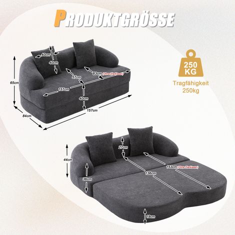 Canapé 2-en-1 convertible pour 2 personnes, avec 2 coussins, sofa-lit double escamotable, polyvalent pour chambre d'amis et salon (chenille gris foncé) (1/5)