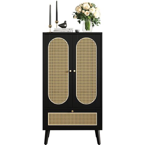 Buffet haut noir 2 portes 1 tiroir 60 x 40 x 110,5 cm avec façades à motif tressé, meuble de rangement compact pour salon, chambre, entrée ou bureau CHICFURN (1/5)