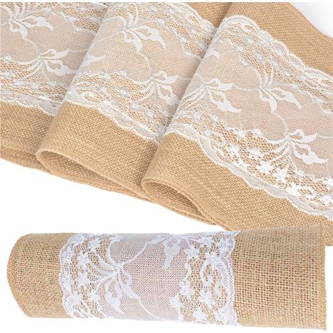 Chemin de table en toile de jute avec dentelle, chemin de table en jute vintage avec dentelle, chemin de table en toile de jute avec dentelle, 10,1 m (1/5)