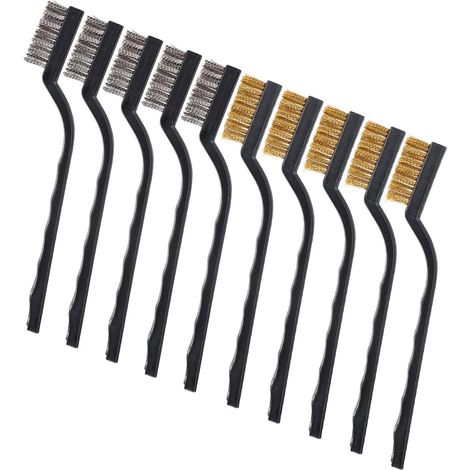 10 pièces petite brosse métallique (acier inoxydable + laiton), manche incurvé brosse de maonnerie poils métalliques (1/5)