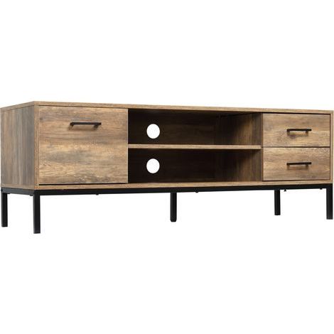 Meuble TV banc TV jusqu'à 50 pouces placard, 2 tiroirs et étagère - 2 passe-câbles - 132 x 39 x 45,5 cm marron noir (1/5)