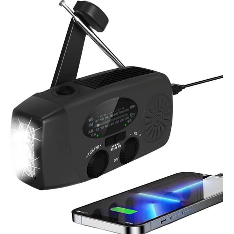 Tragbares wiederaufladbares Solar-Notfallradio, Handkurbel und USB-Aufladung für Mobiltelefon, NOAA, Zuhause und Camping, AM/FM-Wetterradio, Dynamo-Taschenlampe, SOS-Alarm