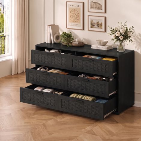 Cómoda de 6 cajones 115 x 40 x 80 cm, mueble de almacenaje para dormitorio, salón y comedor, de madera y rejilla de ratán sintético, Negro (1/5)