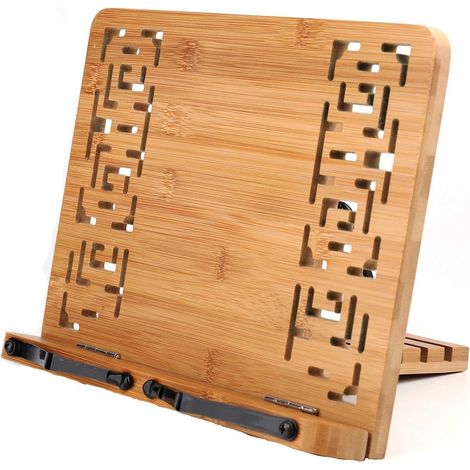Support de Livre en Bambou, Porte-Livre avec 2 Supports de Page en Métal, Support pliable et réglable, pour Ipad/ Tablette/ Livres de Cuisine/ Support de Document de Bureau(Évider) (1/5)