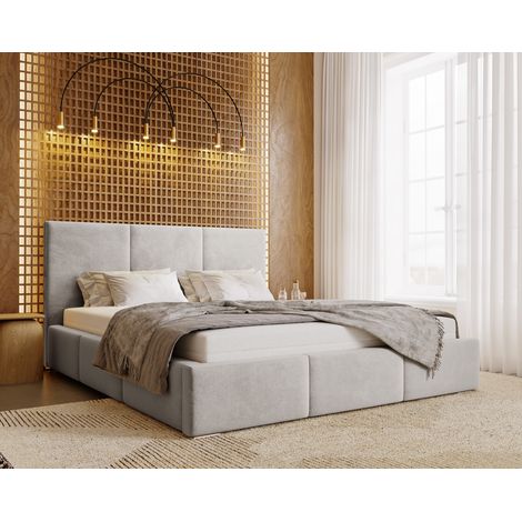 Emporius Lit double 180x200 cm Lary, rembourré, velours avec rangement, sommier, Gris clair (1/5)