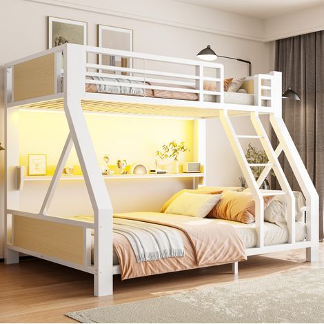 MODFU – Letto a castello 90x200 e 140x200 cm in metallo/legno con LED, mensola, 23 doghe e carico 120 kg – Bianco (1/5)