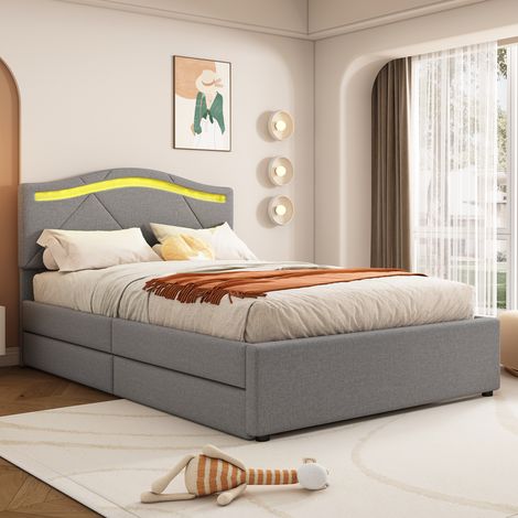 Polsterbett Leinen Grau 90x200 cm mit Lattenrost, LED-Beleuchtung, 2 Schubladen und verstellbarem Kopfteil