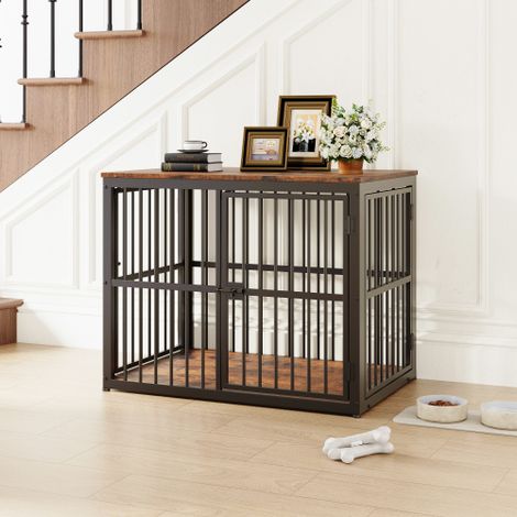 Mueble modular para jaula de perros con 3 puertas, aparador o mesita de noche 2 en 1 para TV, tapa impermeable, sistema combinable, dimensiones exteriores 84x56x66 cm en color marrón retro. (1/5)