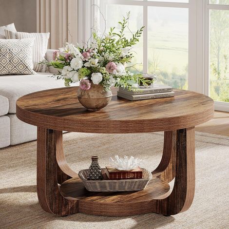 Tribesigns – Table basse ronde 80 cm – 2 niveaux de rangement – Structure robuste en panneaux de particules – Finition bois rustique (1/5)