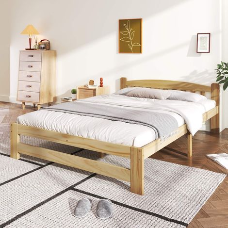 Lit 140x200 cm en bois massif, lit double avec tête de lit et sommier à lattes, pin naturel, lit adulte et adolescent (1/5)