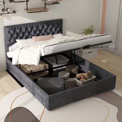 Lit moderne minimaliste, tête de lit douce et confortable, 140200CM, gris, meuble de chambre multifonctionnel, lit coffre haut avec vérin pneumatique, matelas non inclus. (1/5)