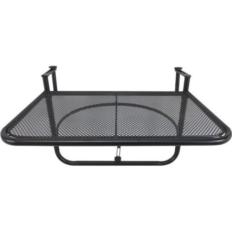 Table suspendue carrée en métal noir, réglable en hauteur, pour balcon et terrasse. Dimensions : 60 x 56,5 x 45 cm. (1/5)