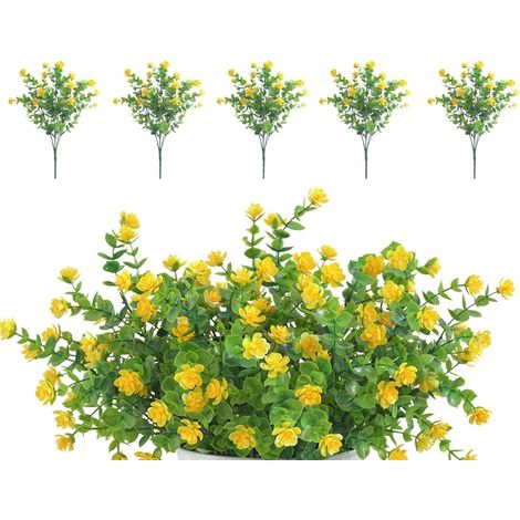 (Jaune) 5 bouquets de fleurs artificielles vertes résistantes aux UV pour la décoration extérieure, intérieure, balcon, jardin, bureau, mariage, fête.-AquaForge (1/5)