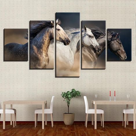 peinture Murale D'art En 5 Parties-trois Chevaux, Dcoration En Toile Non Tisse Pour Salon, Dcor Artistique