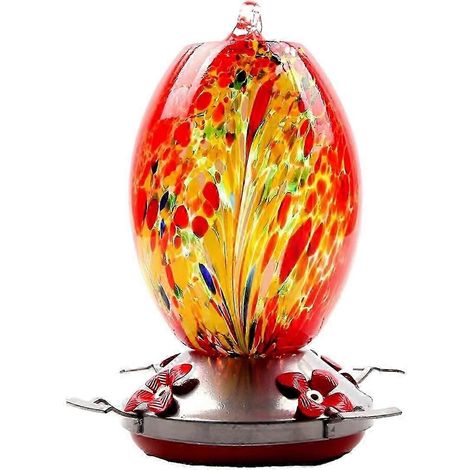 Grande mangeoire à colibris en verre soufflé, fabriquée à la main, avec 4 ouvertures pour les fleurs, anti-fourmis et étanche, pour terrasse ou jardin extérieur. (1/5)