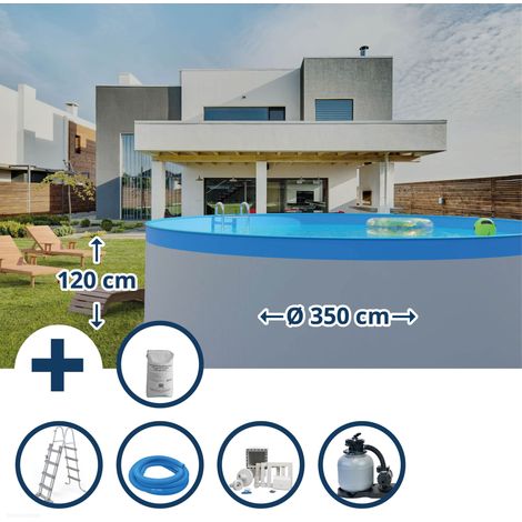 Stahlwandpool Set rund Almeria 350x120 cm, Stahl 0,4 mm weiß, Folie 0,3 mm blau, overlap (1/5)