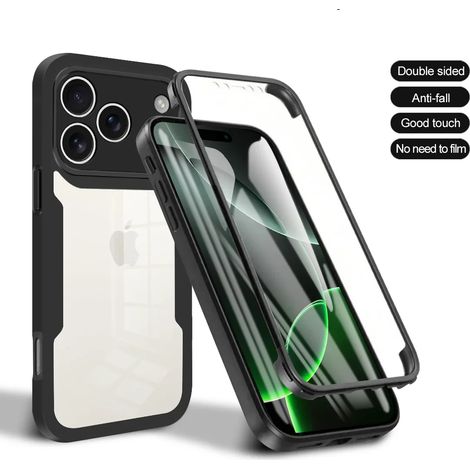 (Noir, iPhone 13 Pro) Coque de téléphone transparente ultra-mince et luxueuse, protection intégrale de l'écran à 360° contre les chutes. (1/4)
