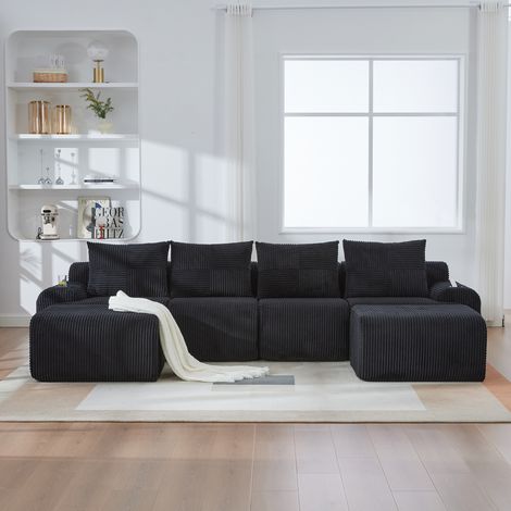 Sofá modular de 4 plazas con 2 pufs, portavasos y bolsillo lateral, negro DESVIAE (1/5)