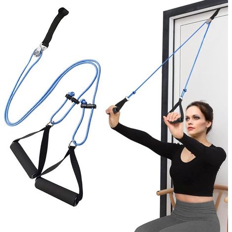 Dispositivo per l'allenamento delle spalle, sistema di carrucole da posizionare sopra la porta per esercizi per le spalle. (1/5)