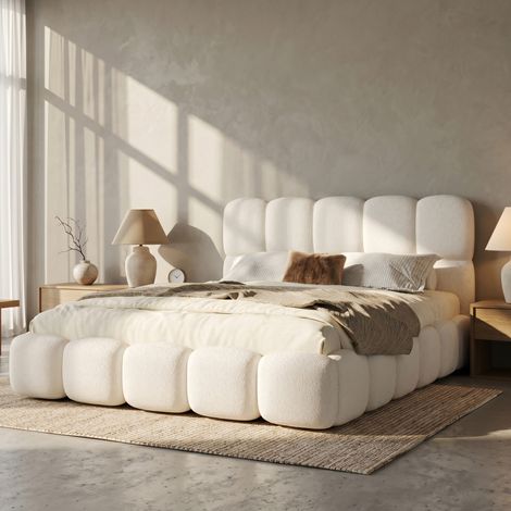 Lit double 180x200 cm, sommier hydraulique avec tête de lit rembourrée, literie fonctionnelle à coffre de rangement spacieux, tissu bouclé blanc, structure capitonnée avec lattes incluses (1/5)