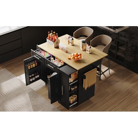 Îlot de cuisine moderne, meuble de cuisine, buffet, desserte avec finition bois, table à manger multifonctionnelle avec rangements, desserte avec étagères et placards extensibles, noir (1/5)
